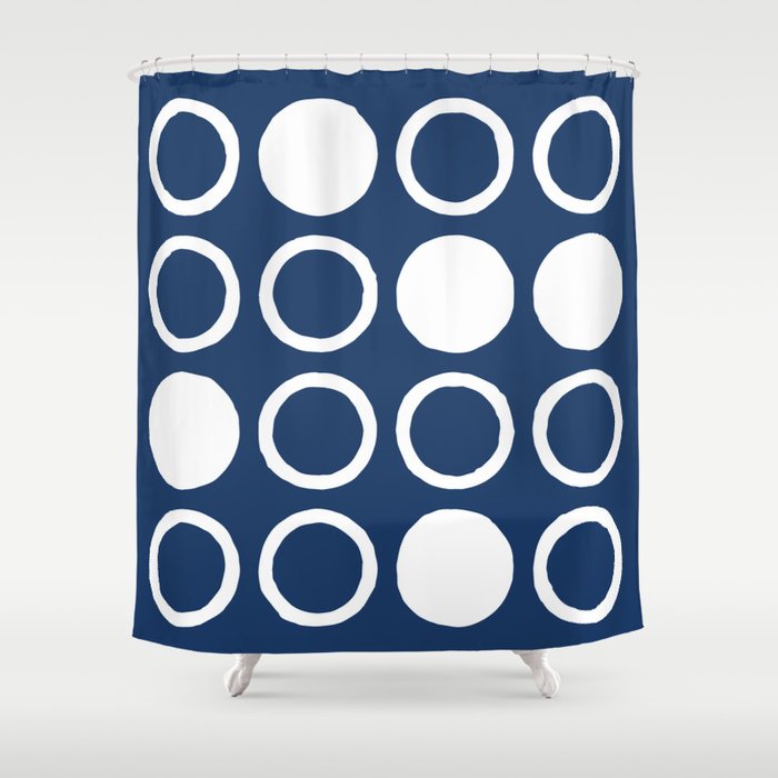 Mid Century Modern Circle and Dot Pattern 240 Navy Blue Shower Curtain Gallery Image 1