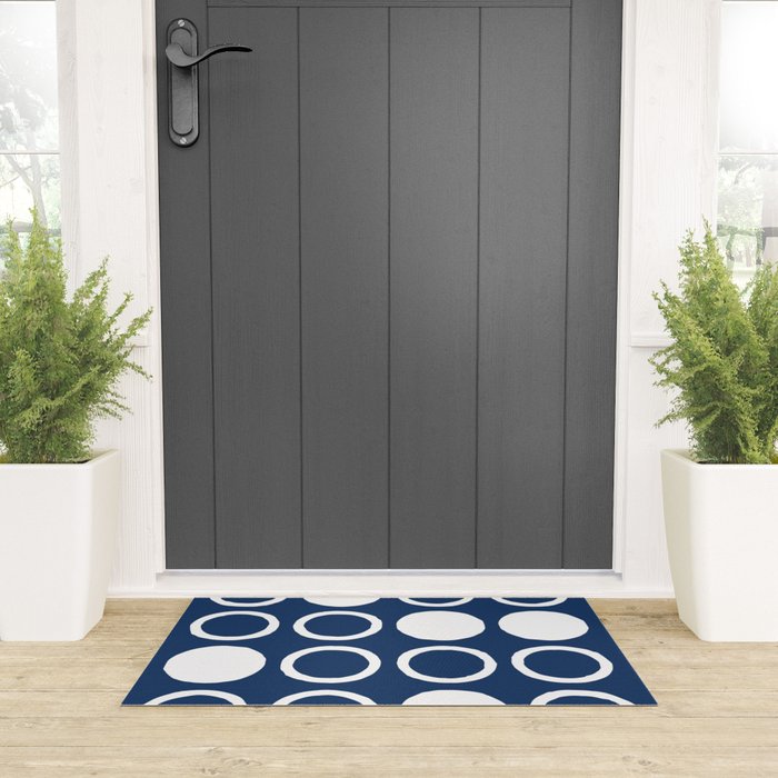 Mid Century Modern Circle and Dot Pattern 240 Navy Blue Welcome Mat Gallery Image 3