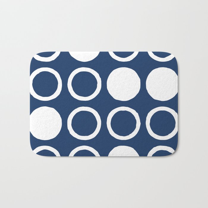 Mid Century Modern Circle and Dot Pattern 240 Navy Blue Bath Mat Gallery Image 1