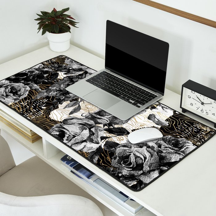 Dark abstract bloom over golden lines Desk Mat Gallery Image 2