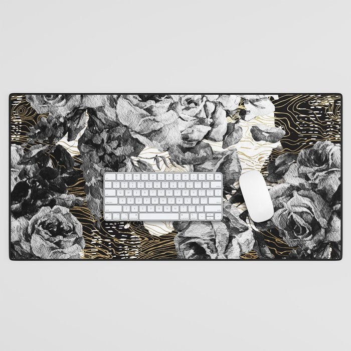 Dark abstract bloom over golden lines Desk Mat Gallery Image 1