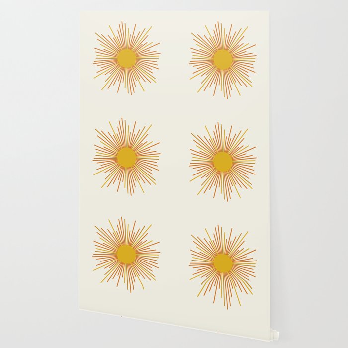 Sunburst Mid Century Modern Sun in Orange and Mustard on Light Cream Wallpaper Gallery Image 2