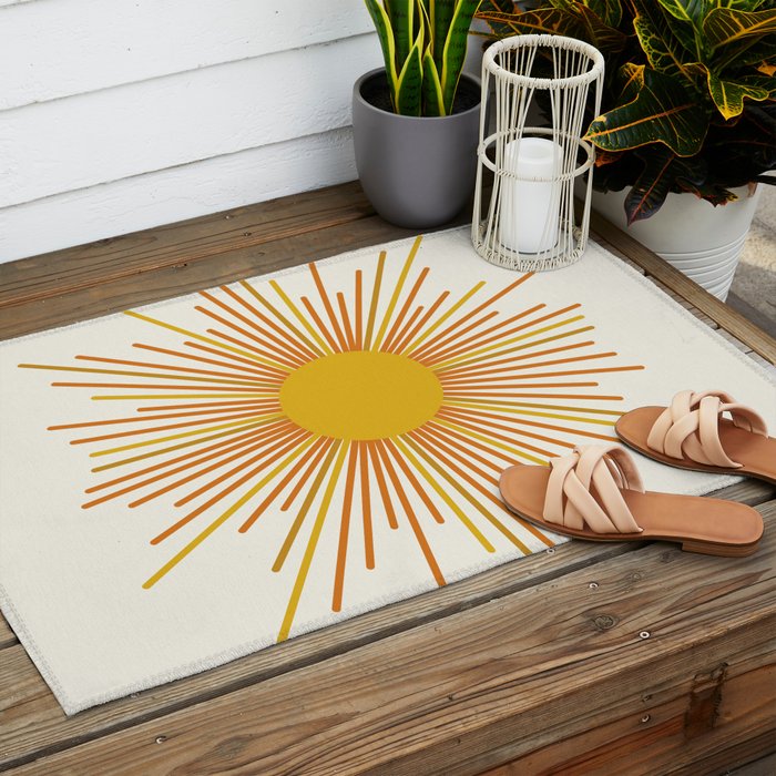 Sunburst Mid Century Modern Sun in Orange and Mustard on Light Cream Outdoor Rug Gallery Image 2