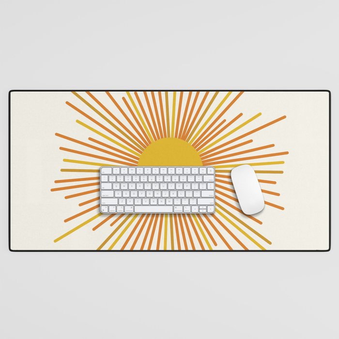 Sunburst Mid Century Modern Sun in Orange and Mustard on Light Cream Desk Mat Gallery Image 1