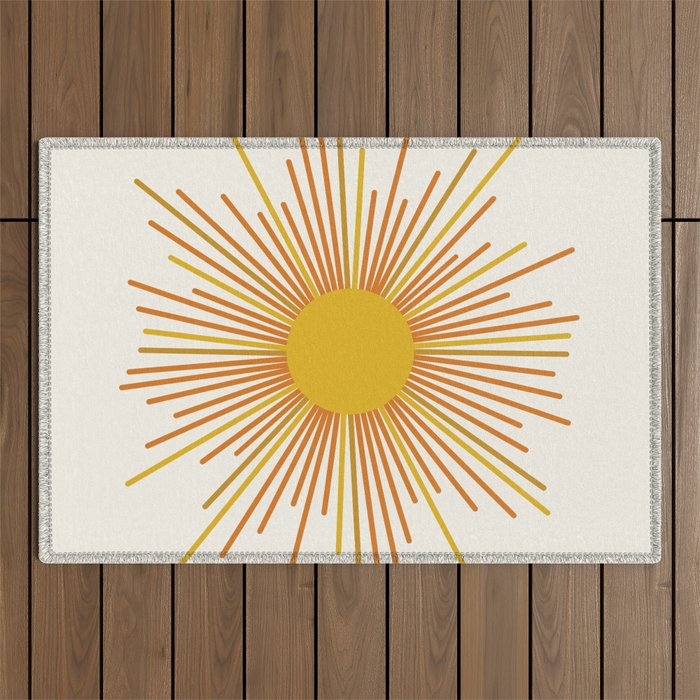 Sunburst Mid Century Modern Sun in Orange and Mustard on Light Cream Outdoor Rug Gallery Image 1