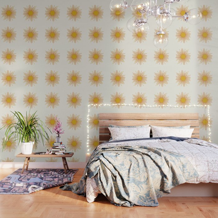 Sunburst Mid Century Modern Sun in Orange and Mustard on Light Cream Wallpaper Gallery Image 1