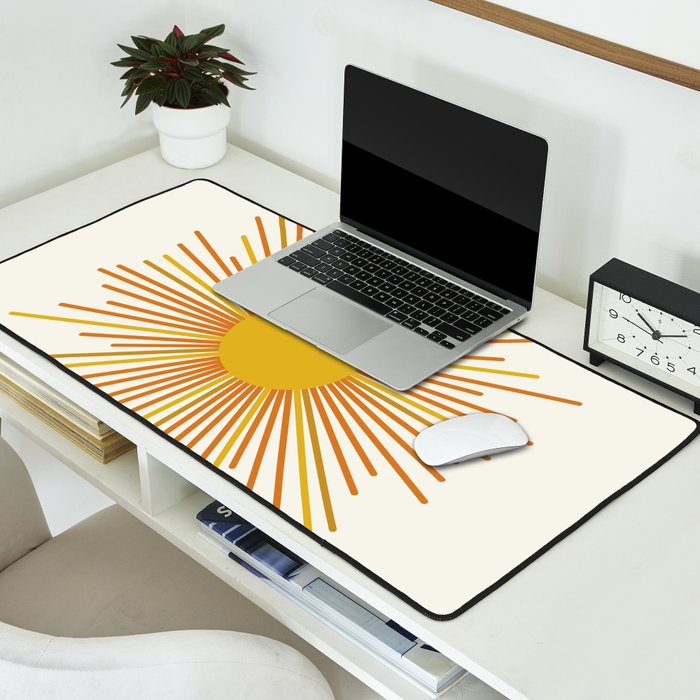 Sunburst Mid Century Modern Sun in Orange and Mustard on Light Cream Desk Mat Gallery Image 2