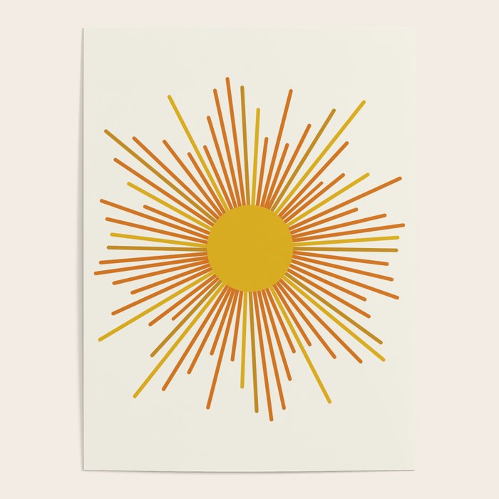 Sunburst Mid Century Modern Sun in Orange and Mustard on Light Cream Poster Gallery Image 1