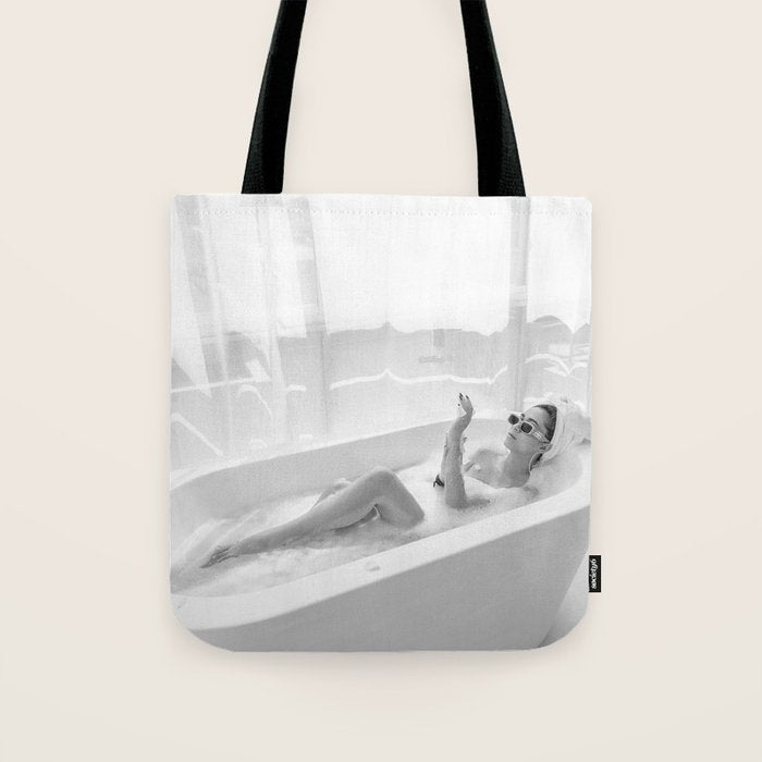 How to live, die, & stay cool in L.A. - Young woman in sunglasses taking a bath black and white photograph - photography - photographs Tote Bag Gallery Image 1