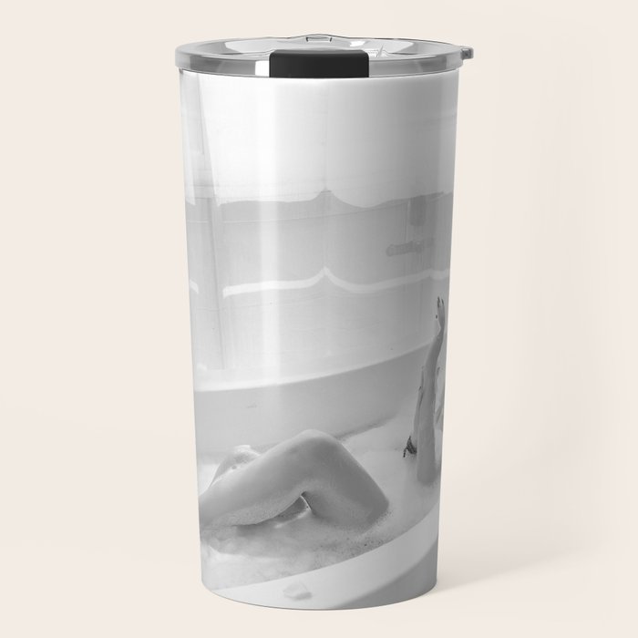 How to live, die, & stay cool in L.A. - Young woman in sunglasses taking a bath black and white photograph - photography - photographs Travel Mug Gallery Image 1