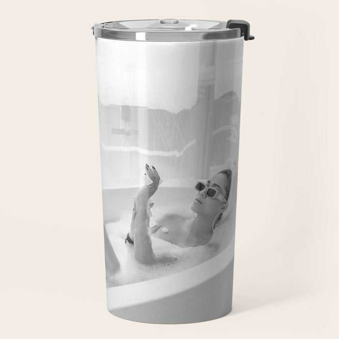 How to live, die, & stay cool in L.A. - Young woman in sunglasses taking a bath black and white photograph - photography - photographs Travel Mug Gallery Image 2