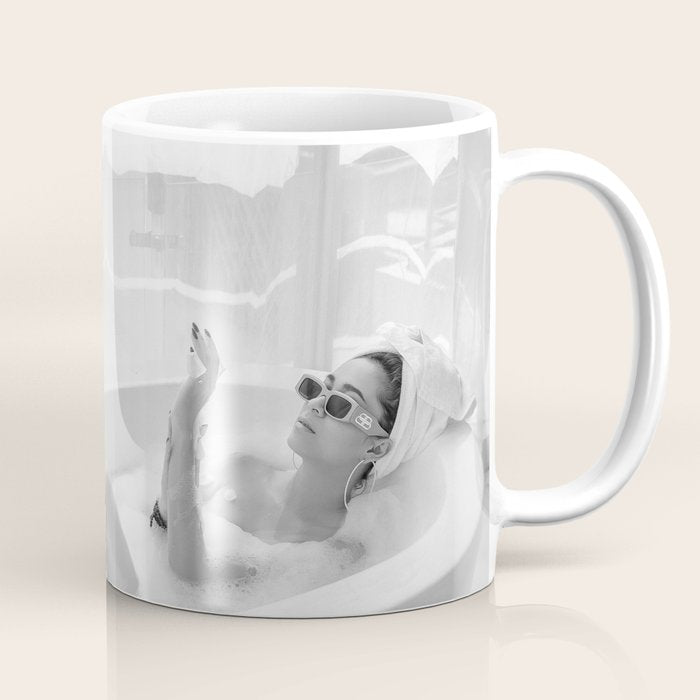 How to live, die, & stay cool in L.A. - Young woman in sunglasses taking a bath black and white photograph - photography - photographs Coffee Mug Gallery Image 1