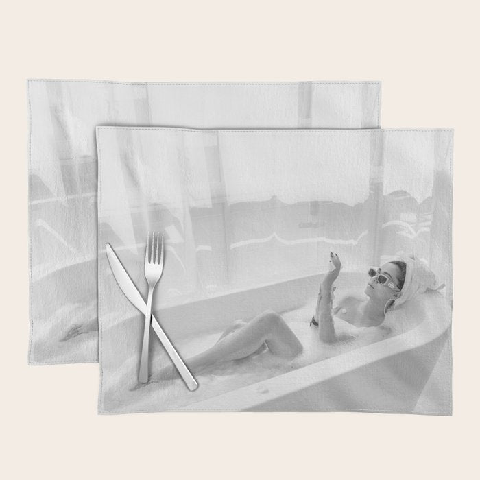 How to live, die, & stay cool in L.A. - Young woman in sunglasses taking a bath black and white photograph - photography - photographs Placemat Gallery Image 1