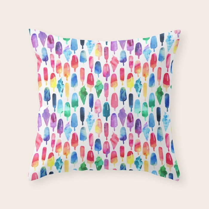 Rainbow Watercolor Popsicles Ice Cream Cones Throw Pillow Gallery Image 6
