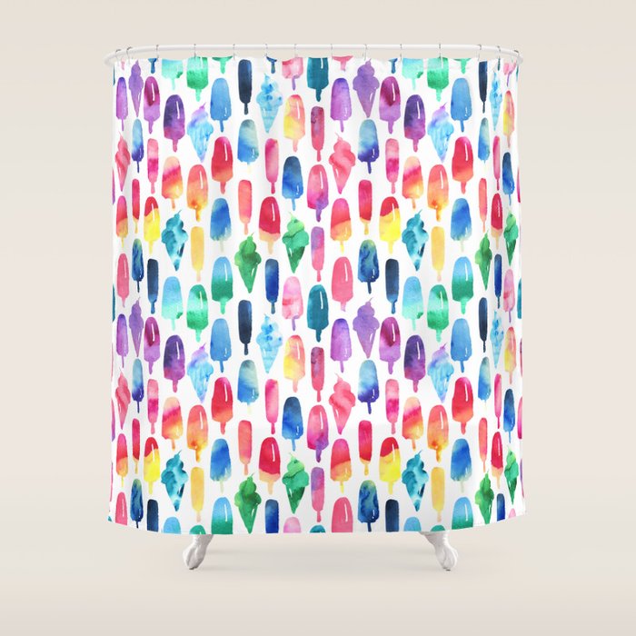 Rainbow Watercolor Popsicles Ice Cream Cones Shower Curtain