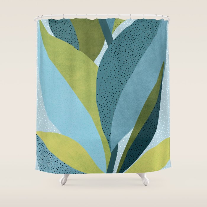 Abstract Maximal Flora in French Blue and Olive Shower Curtain Gallery Image 1