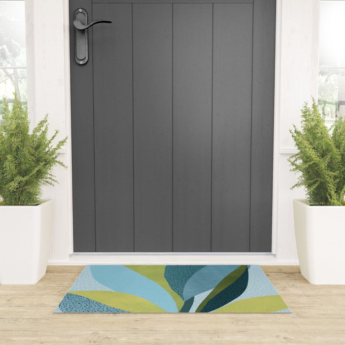 Abstract Maximal Flora in French Blue and Olive Welcome Mat Gallery Image 3