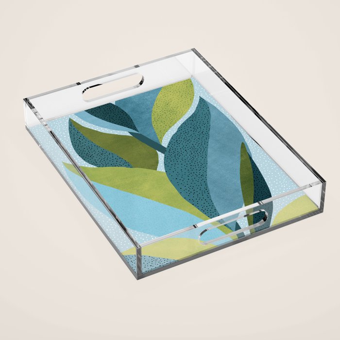 Abstract Maximal Flora in French Blue and Olive Acrylic Tray Gallery Image 1