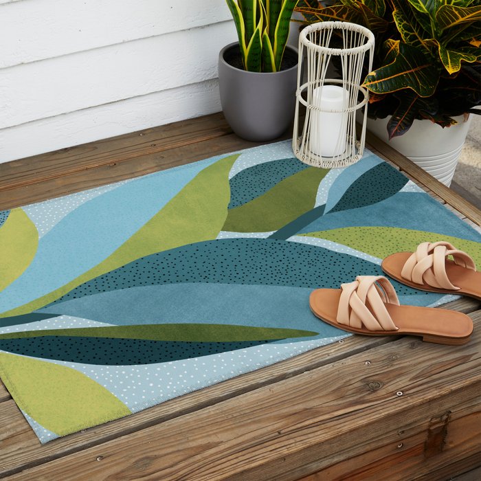 Abstract Maximal Flora in French Blue and Olive Outdoor Rug Gallery Image 2