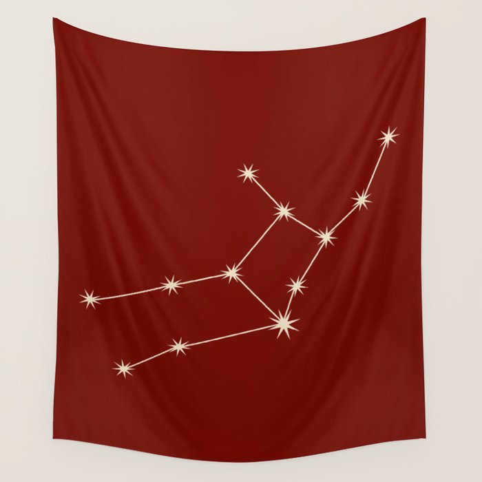 Virgo Zodiac Star Constellation Line Art Ruby Red Wall Tapestry Gallery Image 1