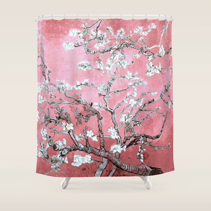 Van Gogh Timeless Almond Blossoms: White Blooms on a Classic Sweet Pink Canvas Shower Curtain Gallery Image 1