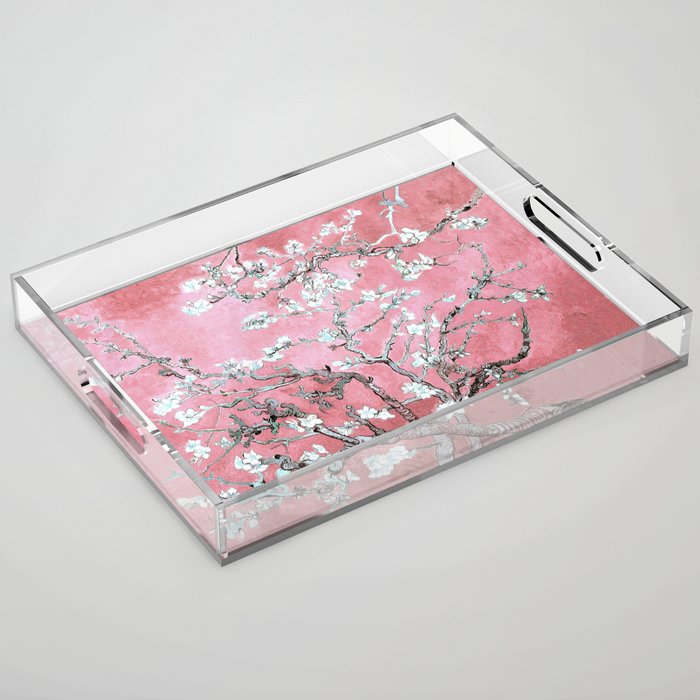 Van Gogh Timeless Almond Blossoms: White Blooms on a Classic Sweet Pink Canvas Acrylic Tray Gallery Image 1