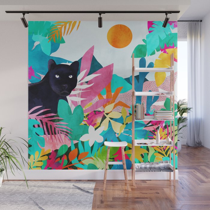 The Black Panther, Tropical Jungle Watercolor Painting, Botanical Forest Colorful Bohemian Illustration, Tiger Leopard Cheetah Animals Wall Mural Gallery Image 1
