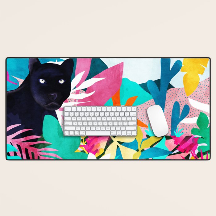 The Black Panther, Tropical Jungle Watercolor Painting, Botanical Forest Colorful Bohemian Illustration, Tiger Leopard Cheetah Animals Desk Mat Gallery Image 1