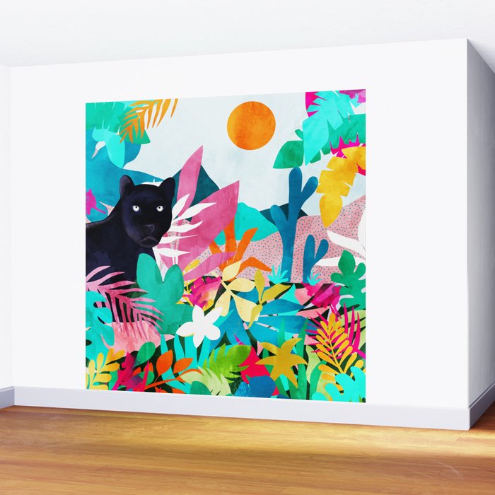 The Black Panther, Tropical Jungle Watercolor Painting, Botanical Forest Colorful Bohemian Illustration, Tiger Leopard Cheetah Animals Wall Mural Gallery Image 2