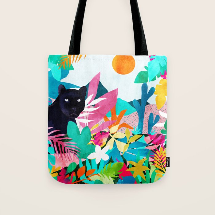 The Black Panther, Tropical Jungle Watercolor Painting, Botanical Forest Colorful Bohemian Illustration, Tiger Leopard Cheetah Animals Tote Bag Gallery Image 1