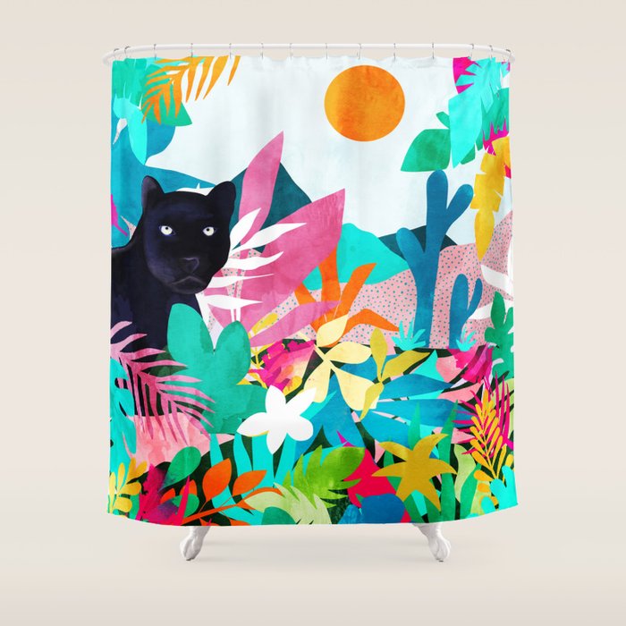 The Black Panther, Tropical Jungle Watercolor Painting, Botanical Forest Colorful Bohemian Illustration, Tiger Leopard Cheetah Animals Shower Curtain Gallery Image 1