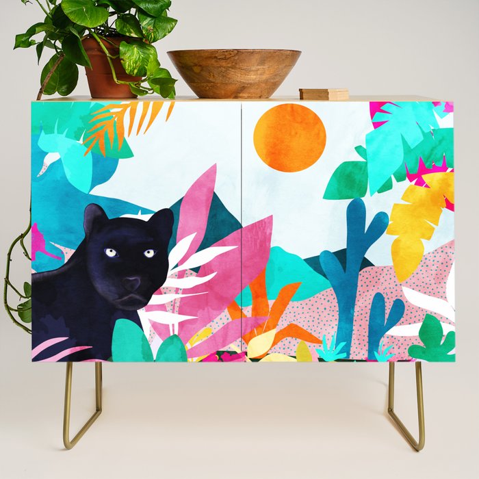 The Black Panther, Tropical Jungle Watercolor Painting, Botanical Forest Colorful Bohemian Illustration, Tiger Leopard Cheetah Animals Credenza Gallery Image 1