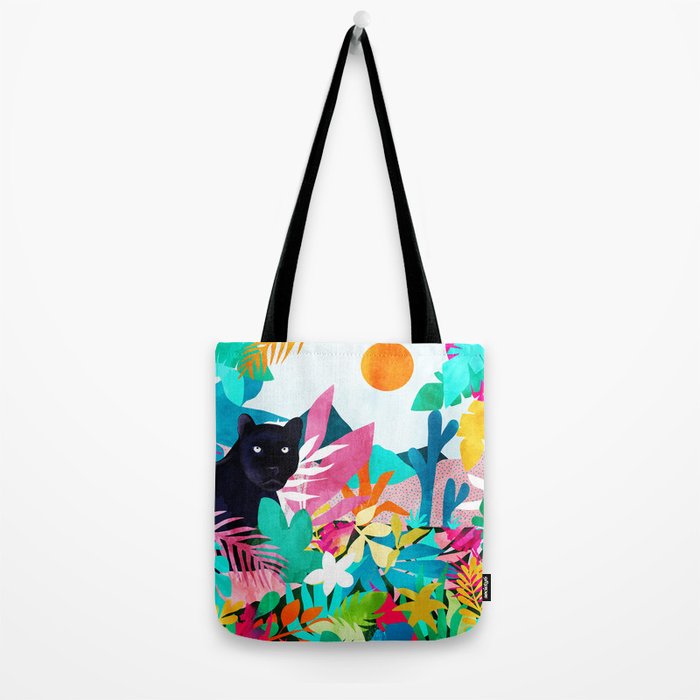 The Black Panther, Tropical Jungle Watercolor Painting, Botanical Forest Colorful Bohemian Illustration, Tiger Leopard Cheetah Animals Tote Bag Gallery Image 2