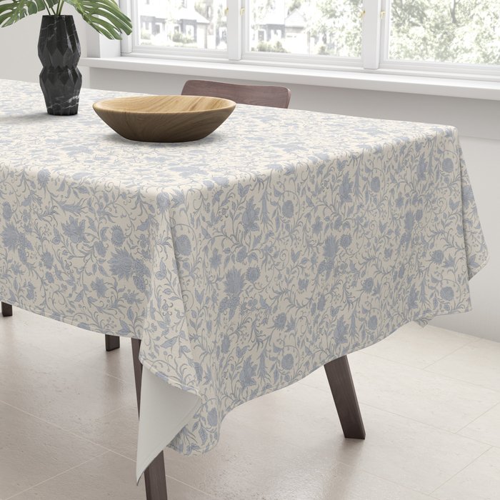 Hand Drawn Jacobean Floral - Blue Cream Tablecloth Gallery Image 3