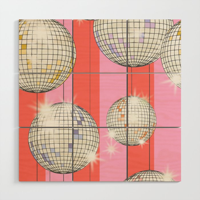Striped Party Disco Ball Pink Wood Wall Art Gallery Image 1