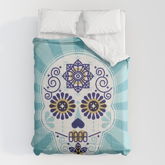 DÃ­a de Muertos â¢ Mexican Sugar Skull - Baby Blue Palette Comforter Gallery Image 1