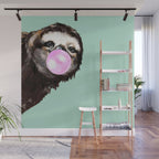 Bubble Gum Sneaky Sloth in Green Wall Mural Gallery Image 1