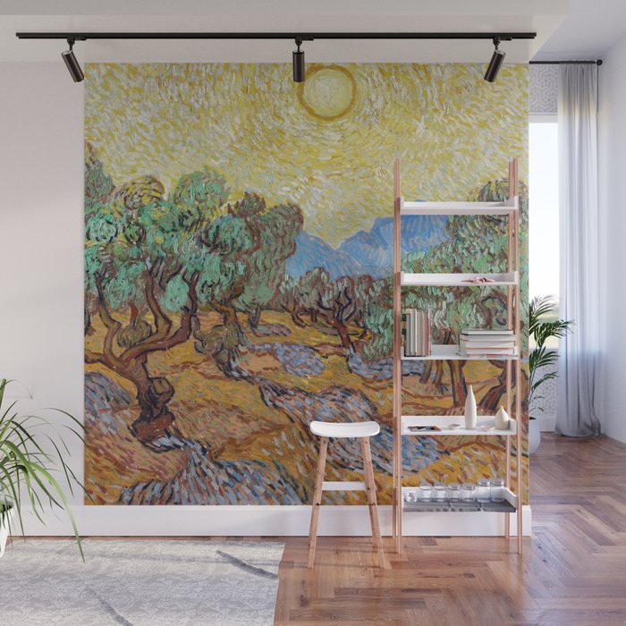 Olive Trees with Yellow Sky and Sun by Vincent Van Gogh Wall Mural Gallery Image 1