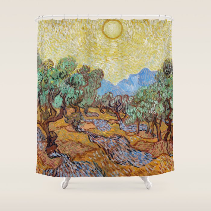 Olive Trees with Yellow Sky and Sun by Vincent Van Gogh Shower Curtain Gallery Image 1