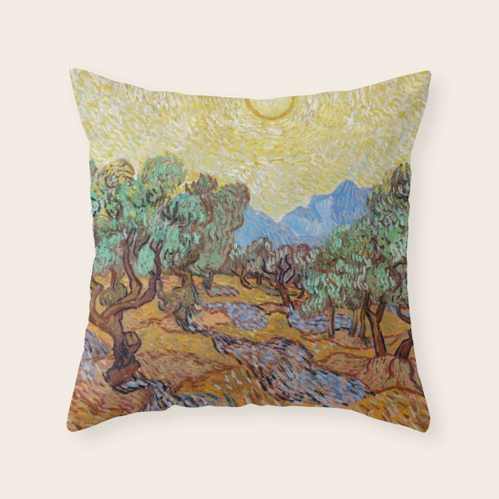 Olive Trees with Yellow Sky and Sun by Vincent Van Gogh Throw Pillow Gallery Image 6