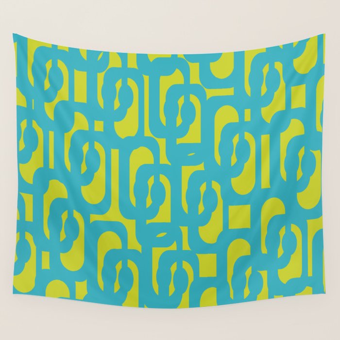 Mid Century Modern Loops Turquoise and Lime Green Pattern Wall Tapestry Gallery Image 1