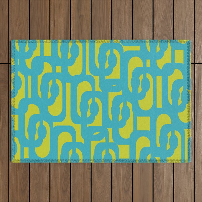 Mid Century Modern Loops Turquoise and Lime Green Pattern Outdoor Rug Gallery Image 1