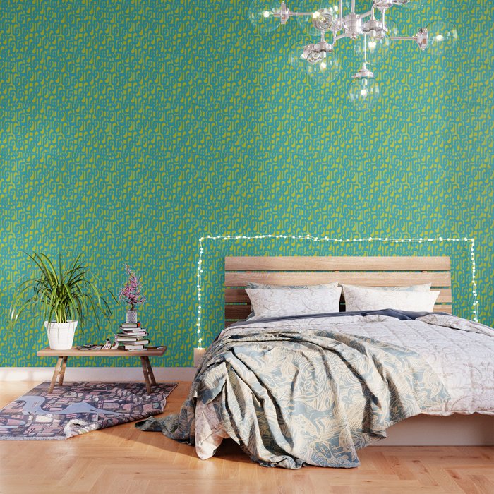Mid Century Modern Loops Turquoise and Lime Green Pattern Wallpaper Gallery Image 3