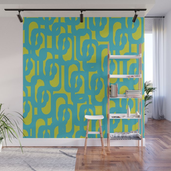 Mid Century Modern Loops Turquoise and Lime Green Pattern Wall Mural Gallery Image 1