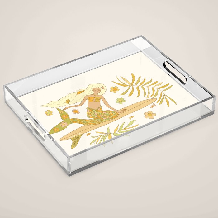 Retro Surf Mermaid by surfy birdy art Acrylic Tray Gallery Image 1