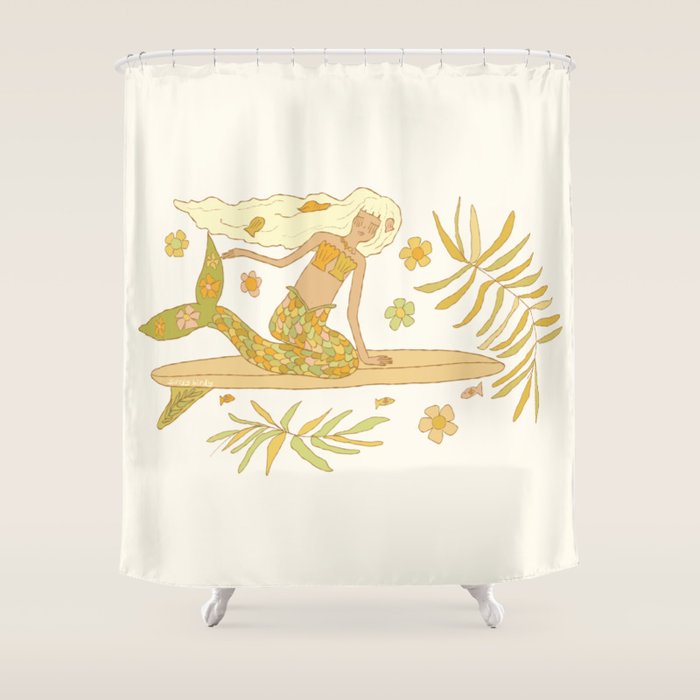 Retro Surf Mermaid by surfy birdy art Shower Curtain Gallery Image 1