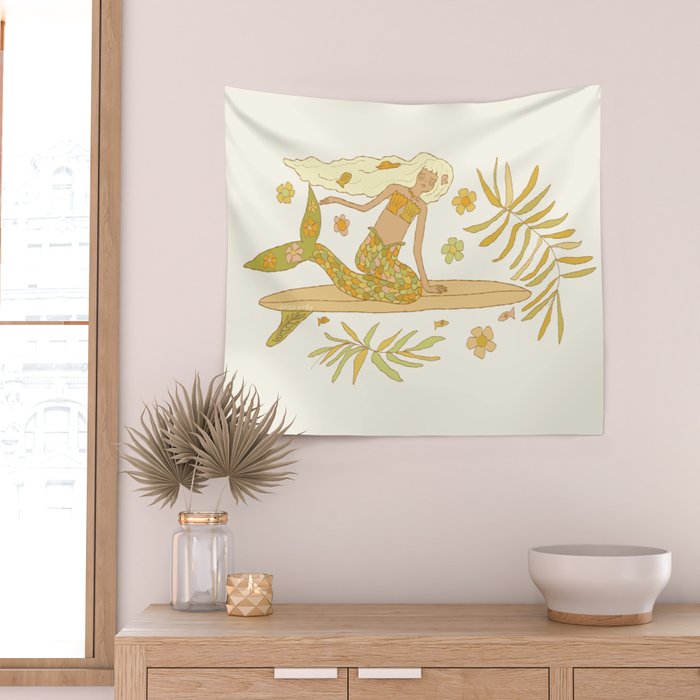 Retro Surf Mermaid by surfy birdy art Wall Tapestry Gallery Image 2