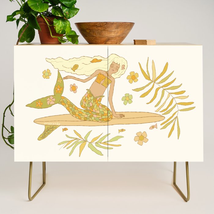 Retro Surf Mermaid by surfy birdy art Credenza Gallery Image 1