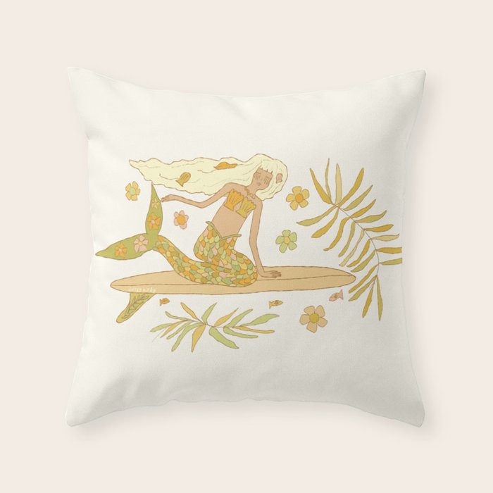 Retro Surf Mermaid by surfy birdy art Throw Pillow Gallery Image 6