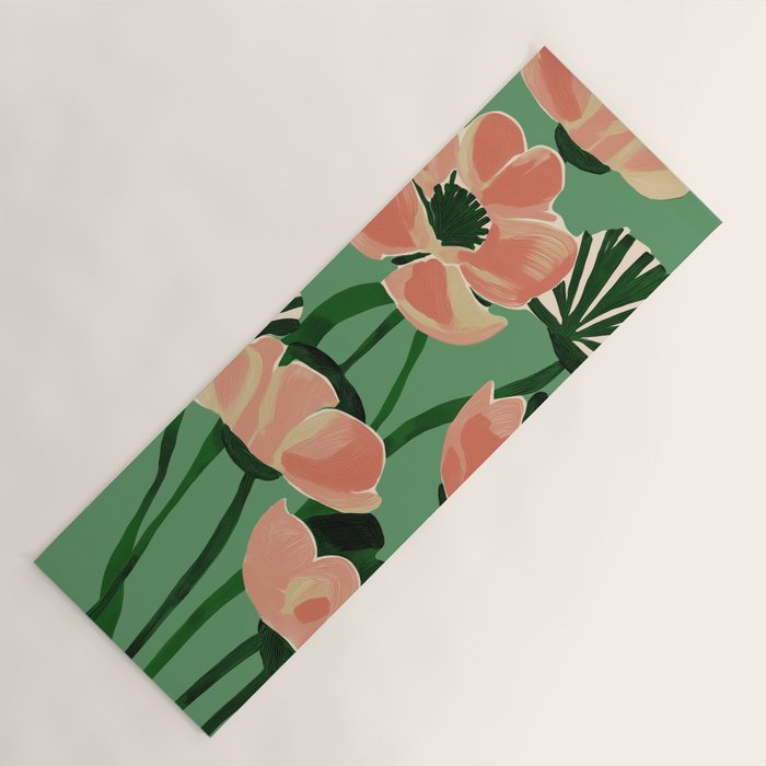 Coral Poppies on Green Yoga Mat Gallery Image 1